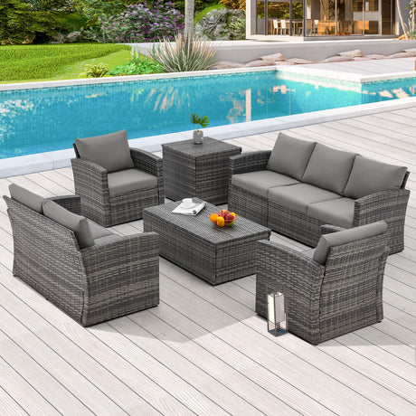 U-MAX 7 Pieces Outdoor Patio Furniture Sets w/Two Storage Boxes, Outdoor Conversation Set All-Weather PE Wicker Sectional Sofa Patio Sofa for Garden, Backyard, Deck, Grey Rattan& Grey Cushions U-MAX