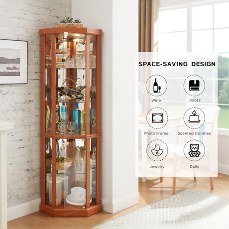 CKEASEAN Corner Curio Cabinet, 70" H Lighted Glass Display Cage with Tempered Glass Doors and 5 Adjustable Shelves, Light Bulb Inclued, Wine Bar China Cabinet for Living Room (Dark Oak) CKEASEAN