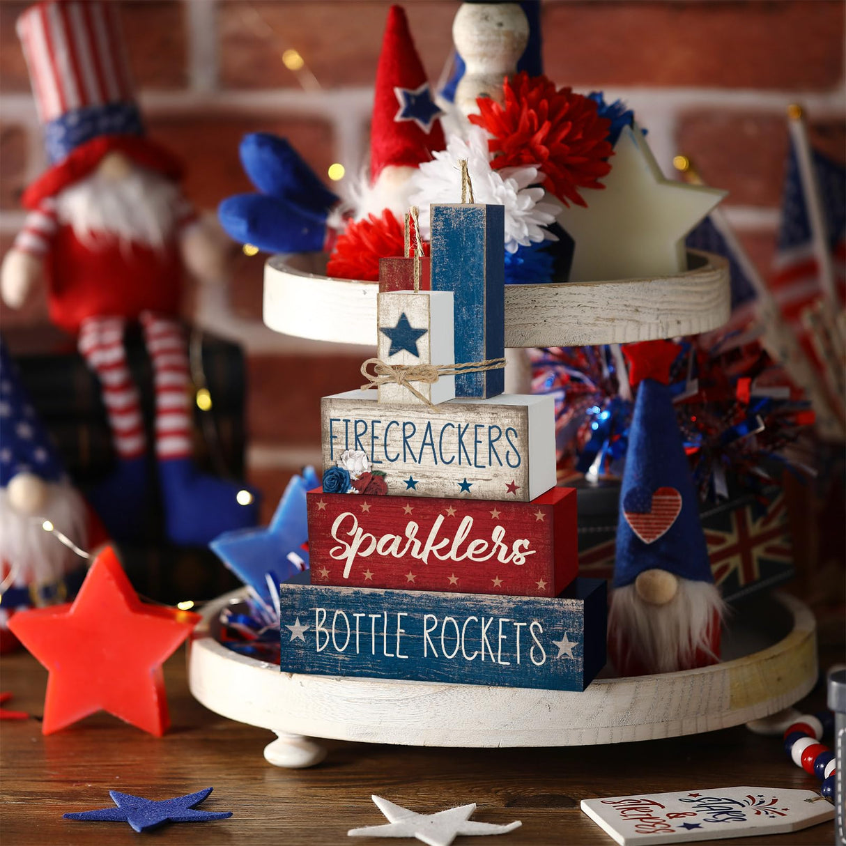 CroBlissful 4 Pcs Memorial Day Decorations Patriotic Tiered Tray Decorations 4th of July Table Sign Farmhouse Red White Blue Rustic Wood Block Stack Sign for Home Shelf Mantel(Firecrackers) CroBlissful