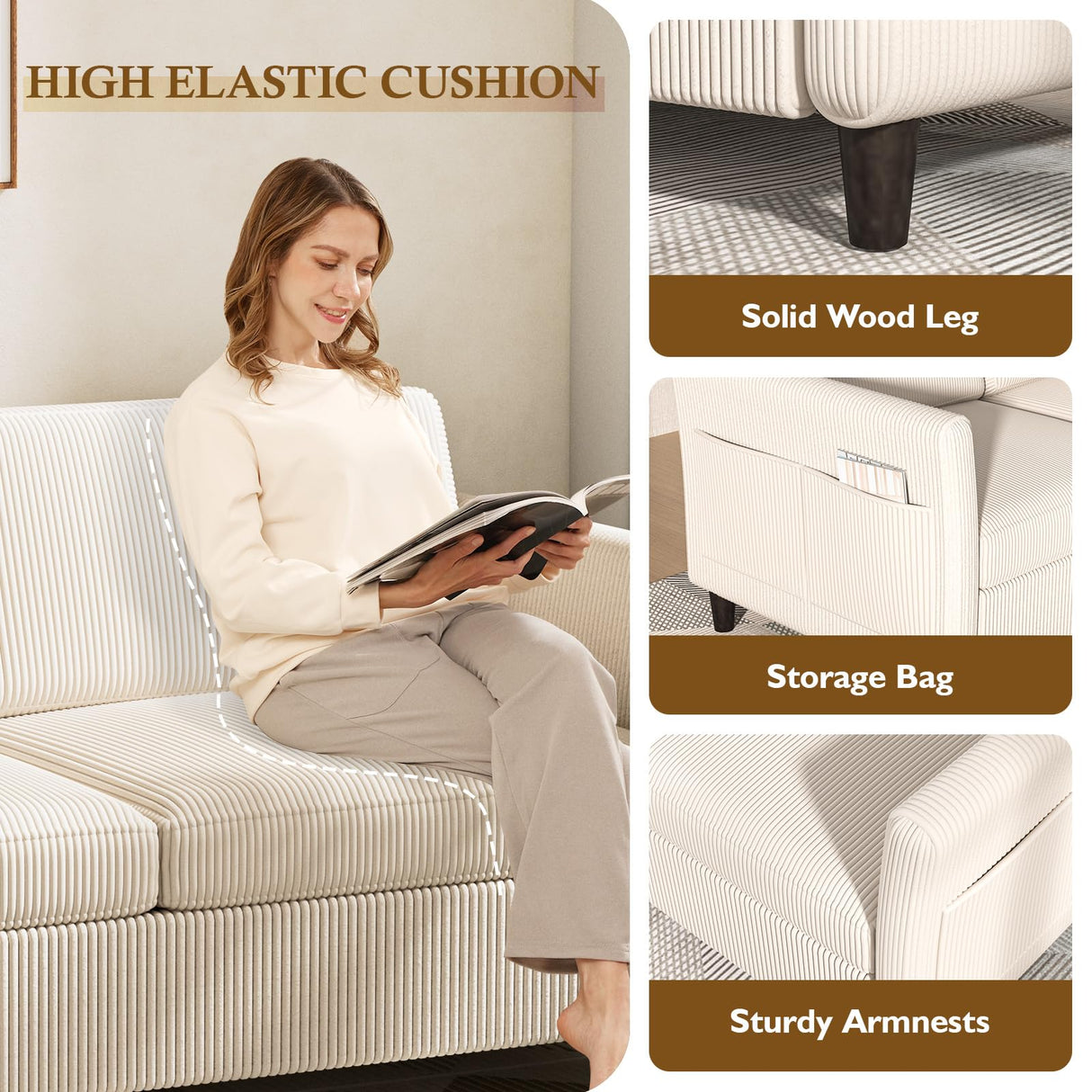 Valthie 79.1" Corduroy Loveseat Sofa, Modern Comfy Couches with Side Pocket, 3-Seater Sofa Couch for Living Room, Bedroom and Small Spaces,Beige Valthie