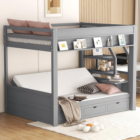 Harper & Bright Designs Full Over Full/Futon Bunk Beds with Stairs and 3 Drawers, Built-in Shelf, Bottom Bed can be Converted into Daybed, Solid Wood Bunk Bed Frame - Gray Harper & Bright Designs