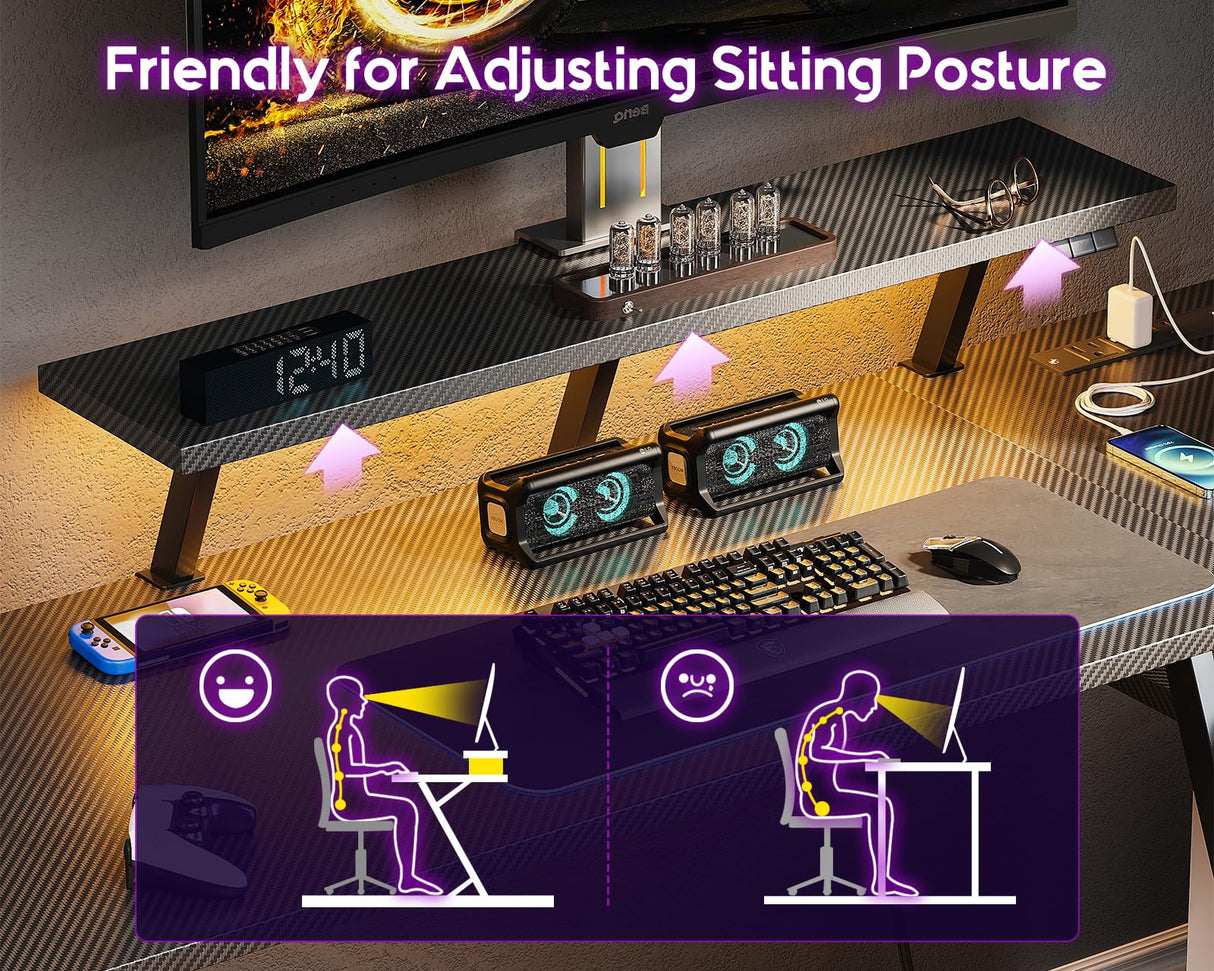 MOTPK Small Gaming Desk with LED Lights & Power Outlets, 39 Inch L Shaped Gaming Computer Desk with Storage Shelf, Gamer Desk with Monitor Stand, PC Gaming Table with Carbon Fiber Texture, Black MOTPK