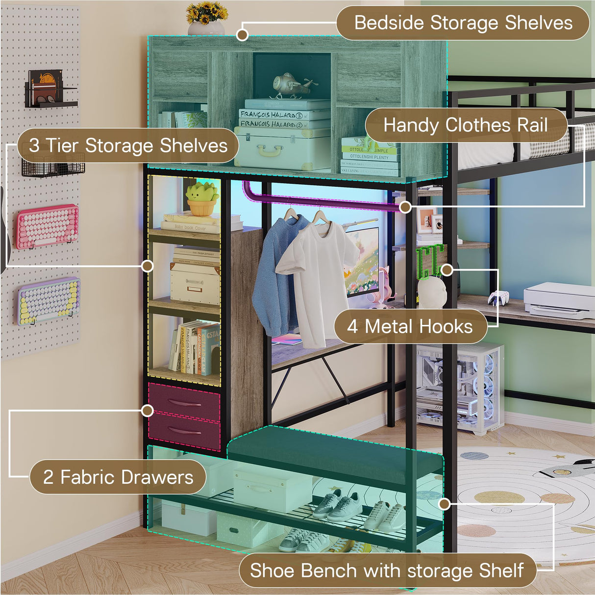 busyaeh Loft Bed with Hall Tree, Twin Loft Bed with Desk, Storage Headboard & 2 Drawers, Twin Size Loft Bed with LED Lights, Charging Station, Safety Guardrail & Ladder, No Box Spring Needed,Oak Gray busyaeh