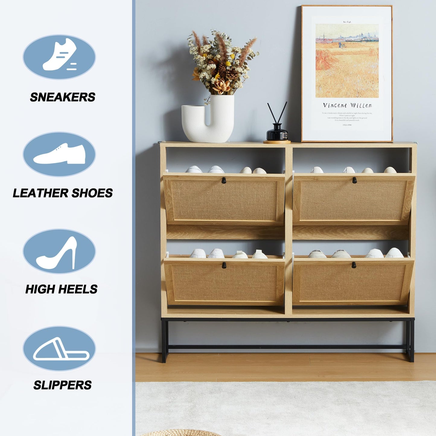 NVETHM Shoe Cabinet, Shoe Storage Cabinet with 4 Flax Flip Drawers and Mental Legs,Shoe Rack Free Standing Shoe Organizer for Entryway, Living Room (Natural)