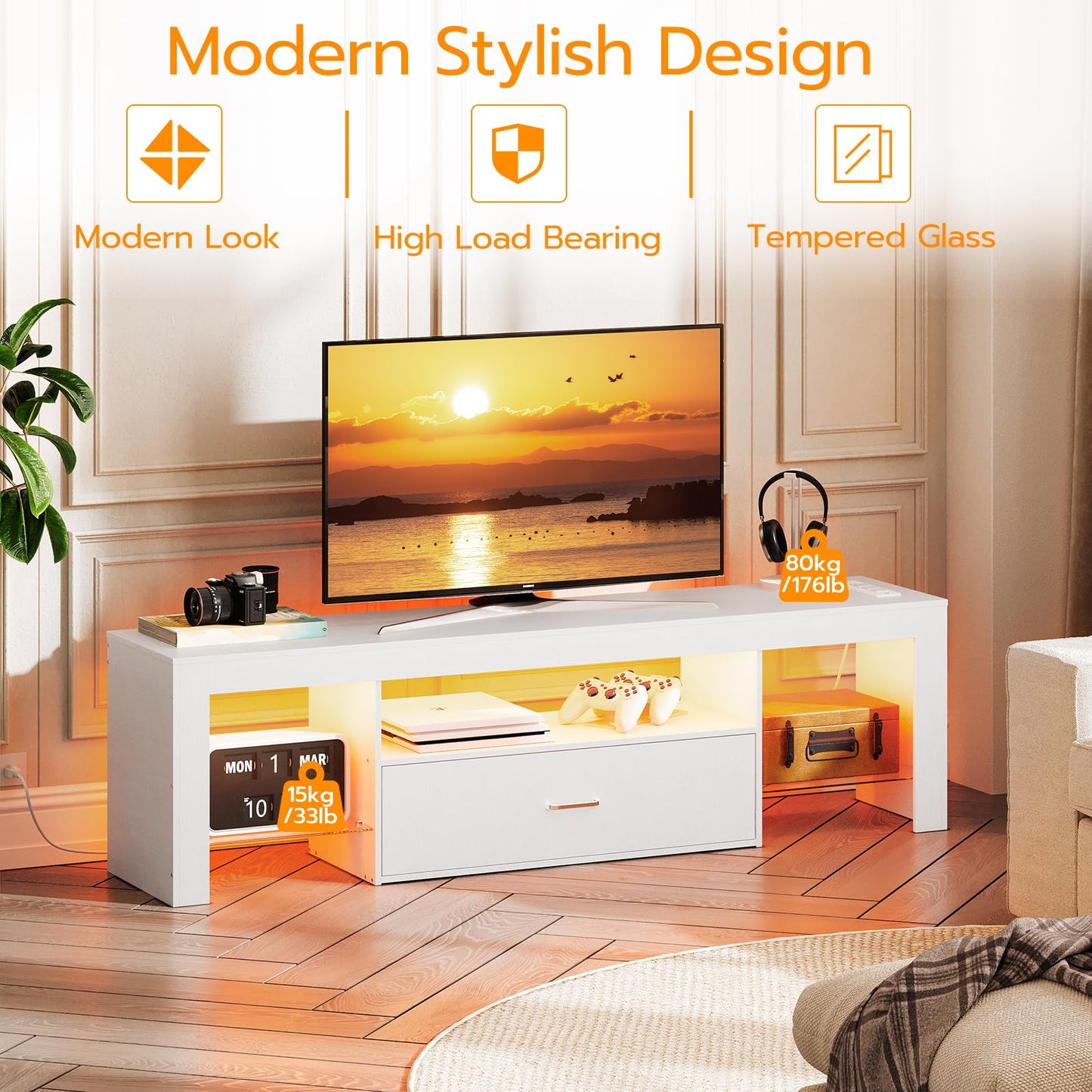 HOOBRO LED TV Stand with Power Outlets to 65 inch TV, Gaming Entertainment Center with Glass Shelves and Large Drawer, Modern Media TV Console Table for Living Room Bedroom, White WT14UDDS01