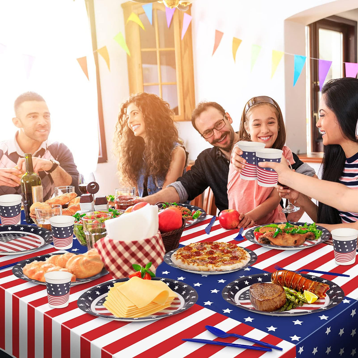 Patriotic Party Supplies,152Pcs American Flag Themed Party Set, Patriotic Party Decorations, American Flag Tablecloths,4th of July Plates Cups, Red White and Blue Decor for Outside, Picnic, Memorial Childom