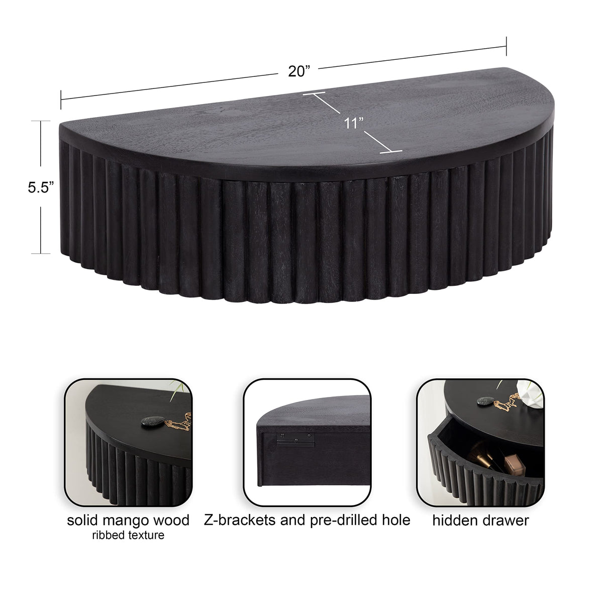 Kate and Laurel Reid Ribbed Wooden Floating Side Table, 20 x 11 x 6, Black, Modern Wood Floating Nightstand with Drawer for Extra Storage and Added Functionality Kate and Laurel