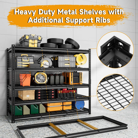 cynnda 5-Tier 60" W X 24" D X 78" H Garage Shelving Metal Storage Shelves 3300LBS Heavy Duty Industrial Shelving Adjustable Garage Shelf Unit Utility Storage Racks(Black) cynnda