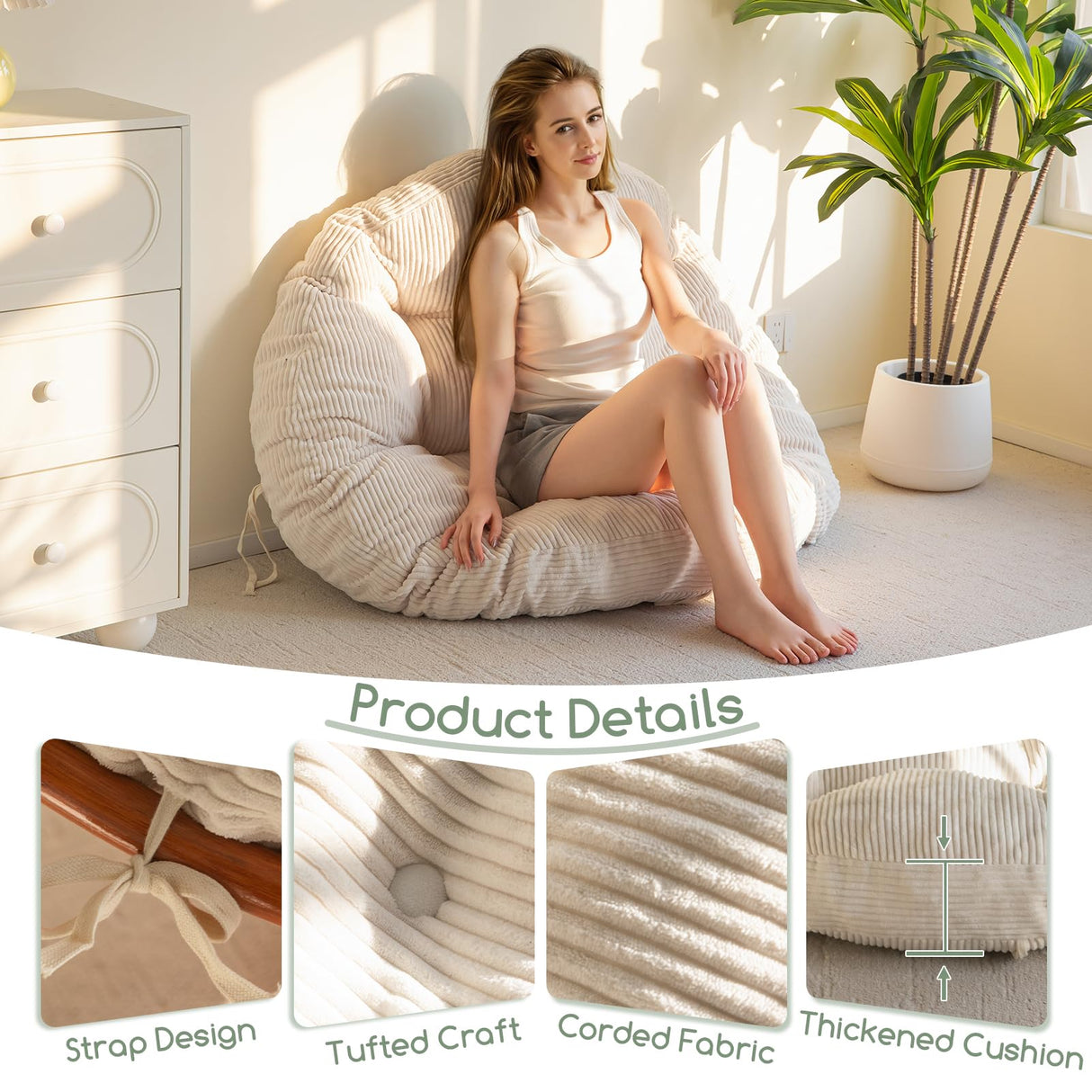 HIGOGOGO Papasan Chair Cushion with Corduroy Cover (Without Chair), 48 x 48 Inch Supportive Cushion, Overstuffed Chair Cushion,Beige HIGOGOGO