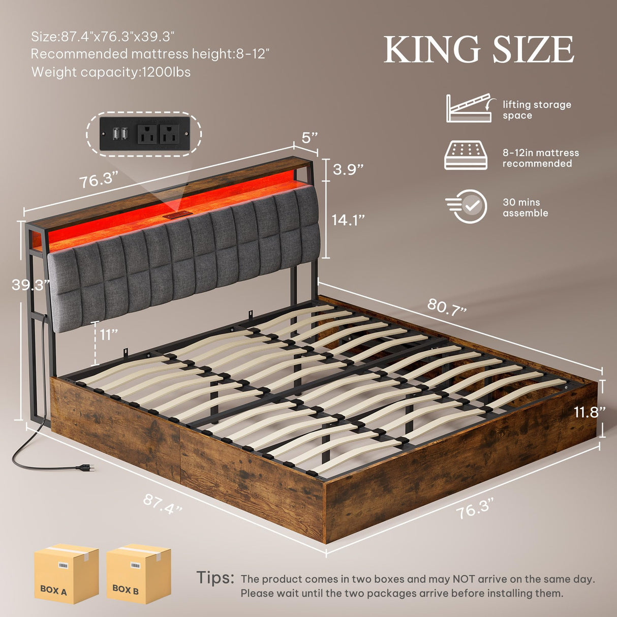 YITAHOME King Size Lift Up Bed Frame with Charging Station & RGB LED Lights, Linen Upholstered Storage Headboard Bed, Heavy Duty Wooden Slats, No Box Spring Needed, Noise Free, Rustic Brown and Grey YITAHOME