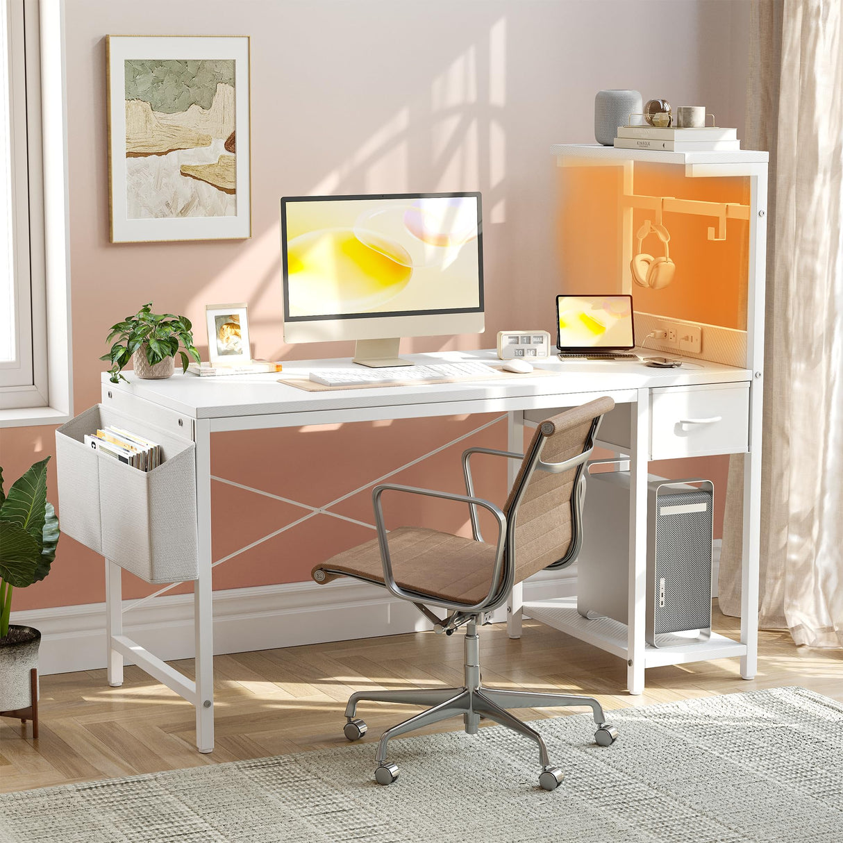 TIQLAB Gaming Desk 40 inch with Power Outlet and LED Light, Computer Desk with Reversible Shelves and Storage Drawer, Small PC Desk for Home Office Table with Bag, Carbon Fiber White TIQLAB