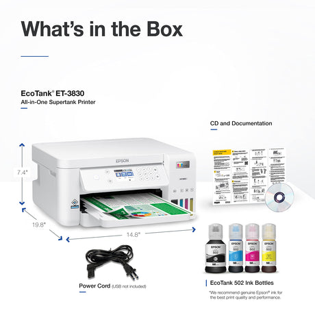 Epson EcoTank ET-3830 Wireless Color All-in-One Cartridge-Free Supertank Printer with Scan, Copy, Auto 2-Sided Printing and Ethernet – The Perfect Printer Productive Families,White Epson