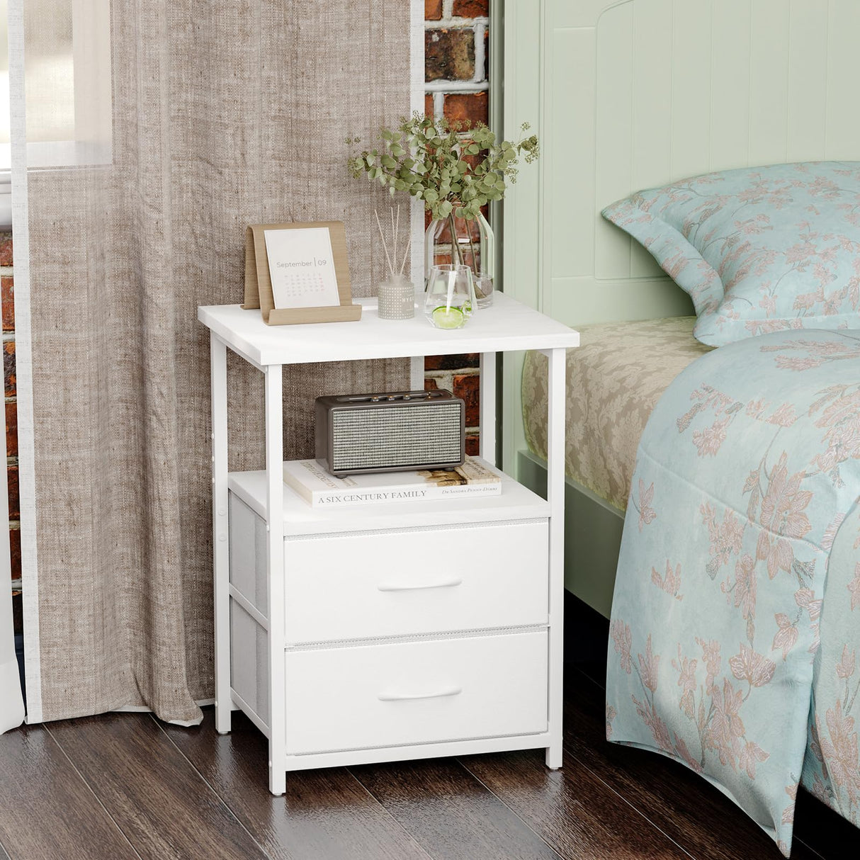 Fixwal White Night Stand with Charging Station, Bedroom Nightstand with Fabric Drawers, Bedside Table with PU Finish Fixwal