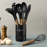 Silicone Kitchen Cooking Utensil Set, 9Pcs Kitchen Utensils Spatula Set with Wooden Handle for Nonstick Cookware, 446°F Heat Resistant Silicone Kitchen Gadgets Utensil Set with Large Holder（Black） CACOLES