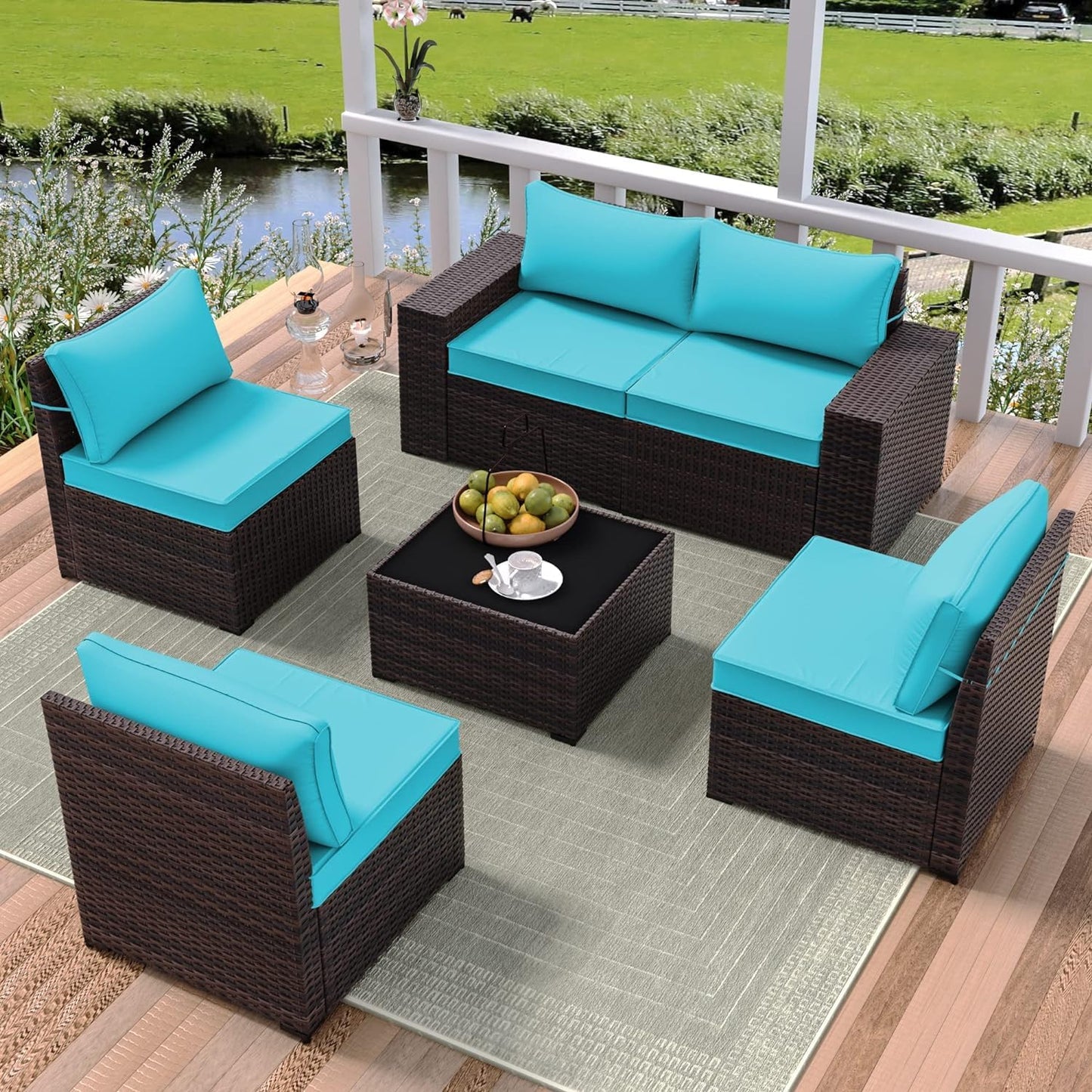 RTDTD Outdoor Patio Furniture Set, 6 Pieces Outdoor Furniture All Weather Patio Sectional Sofas PE Wicker Modular Conversation Sets with Coffee Table,5 Chairs & Seat Clips Turquoise Blue. - WoodArtSupply