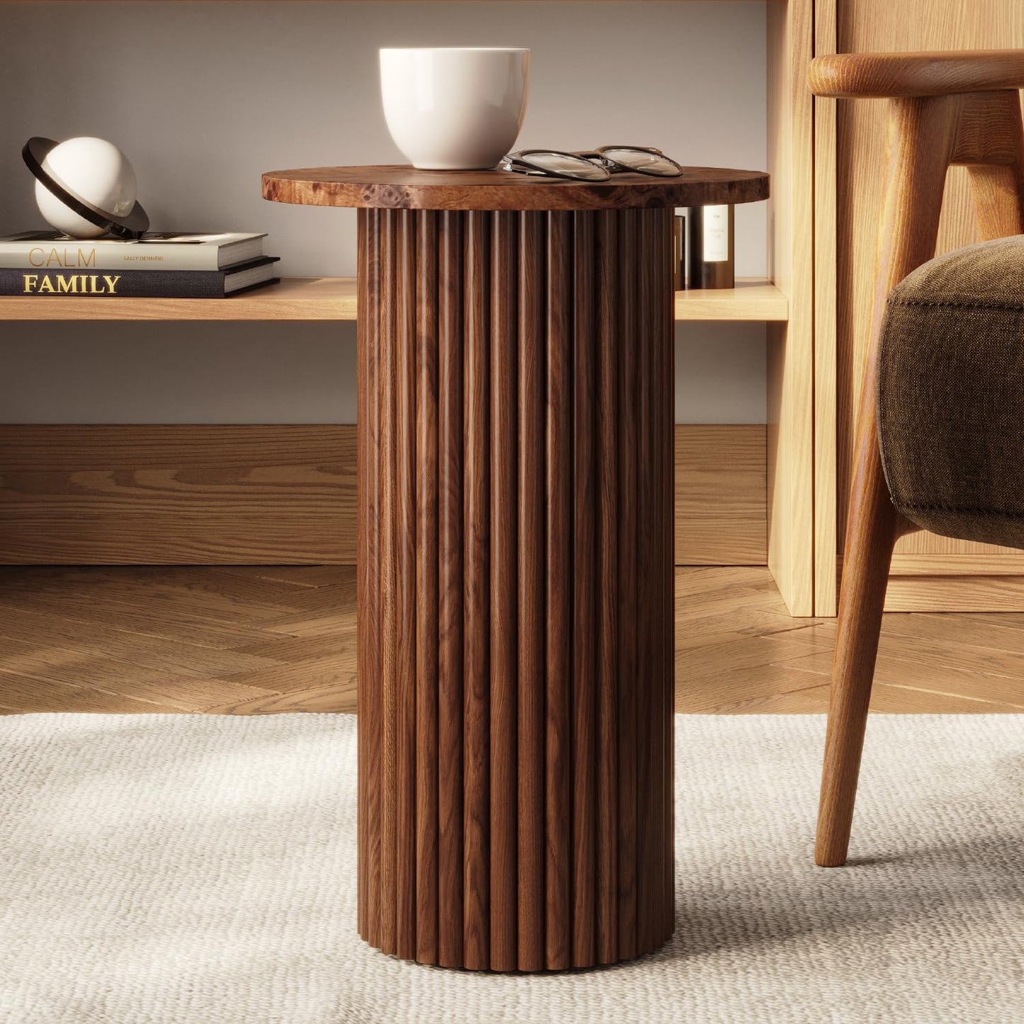Round Fluted Accent Side Table - Small Drink Table - Living Room Furniture - Modern Home and Bedroom Decor - Pedestal Side Table with a Solid Oak