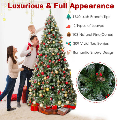 Goplus 9ft Pre-Lit Christmas Tree, Artificial Hinged Xmas Tree with 650 Warm-White LED Lights, 8 Lighting Modes, 1740 Branch Tips, Red Berries & Pinecones, for Holiday Party Office Home Decor