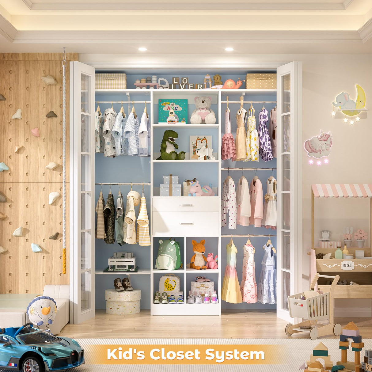 Small Closet System - 5FT Closet Organizer System with Wooden Drawers, 60 Inches Walk In Closet System With 5 Hanging Rods, Can Fit 1.58 to 6.8 FT with Reversible Hanging Shelving, White Besiost