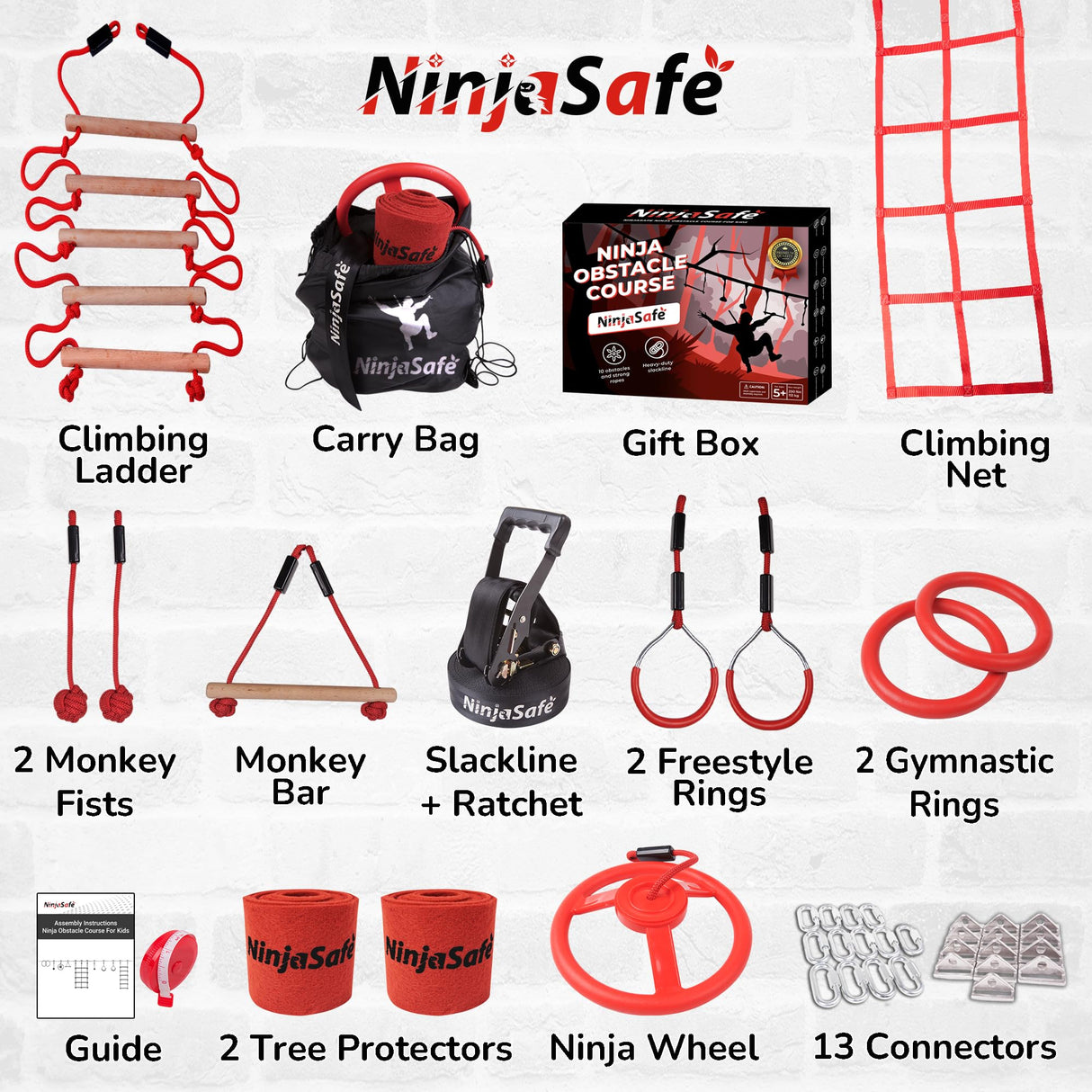 Ninja Obstacle Course for Kids Backyard - 10 Durable Obstacles and 50' Slackline - Outdoor Warrior Obstacle Playset Equipment for Girls & Boys with Monkey Bars, Ladder, Wheel, Gymnastics, Climbing Net NinjaSafe