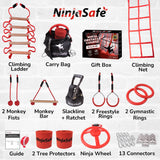 Ninja Obstacle Course for Kids Backyard - 10 Durable Obstacles and 50' Slackline - Outdoor Warrior Obstacle Playset Equipment for Girls & Boys with Monkey Bars, Ladder, Wheel, Gymnastics, Climbing Net NinjaSafe