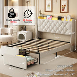 Queen Bed Frame with Storage Headboard and 2 Drawers, Upholstered Button Tufted Platform Bed Frame Queen Size with LED Lights, Charging Station, No Box Spring Needed, Noise Free, Easy Assembly, Beige TIGUBFRE