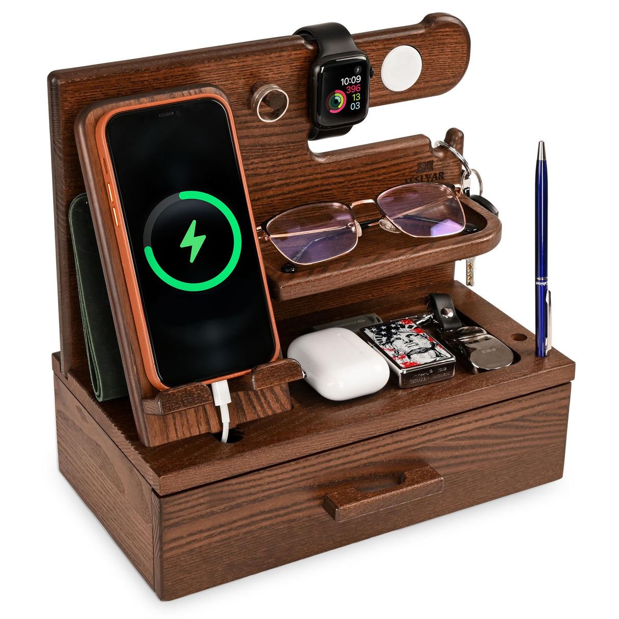 TESLYAR Wood Phone Docking Station with Drawer - Nightstand Organizer - Desk Organizer for Husband - Birthday Gifts for Men, Dad, Anniversary Idea, Key Holder Stand Watch & Accessories (Bourbon Brown) TESLYAR