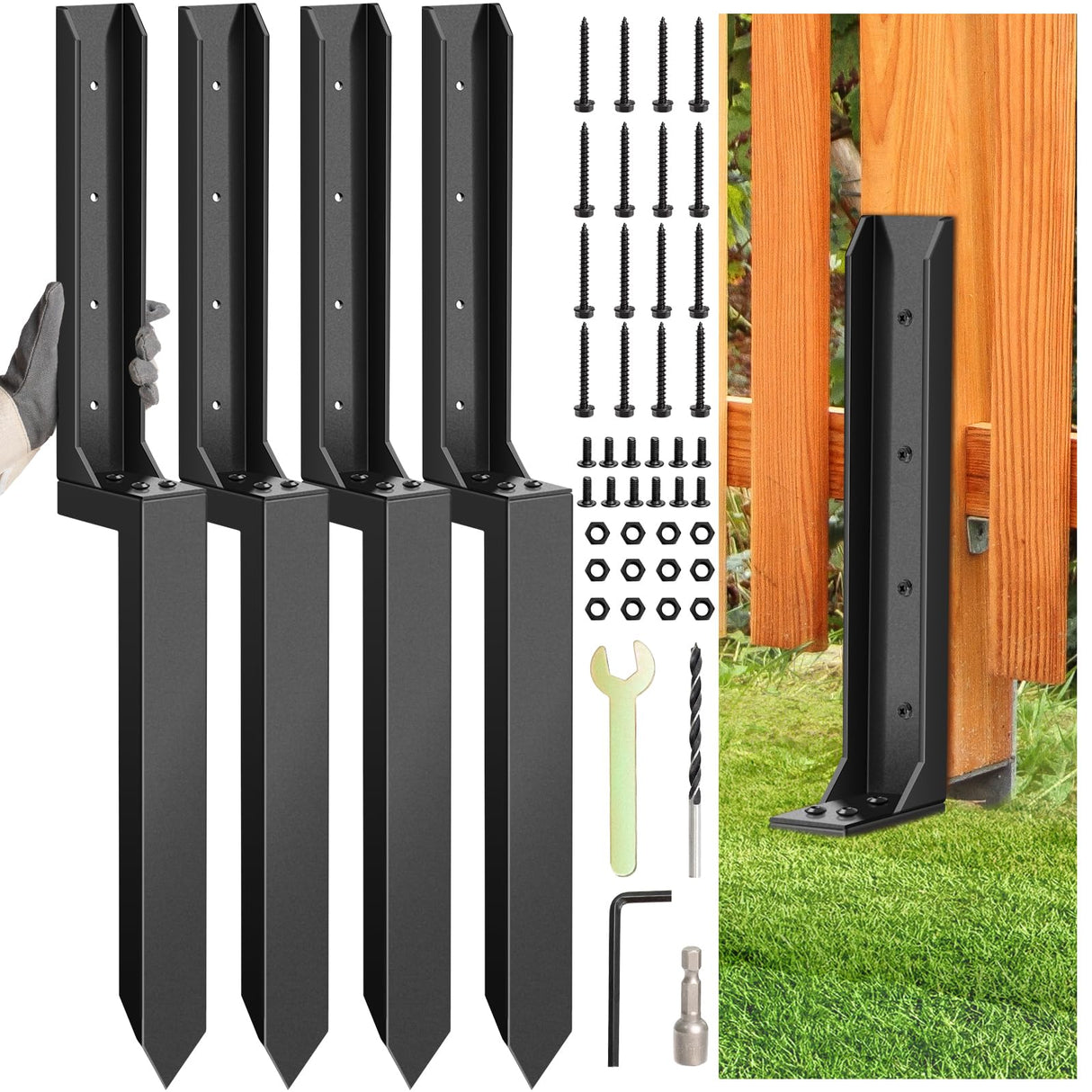 Dukelai 4 Pcs Fence Post Repair Kit,Heavy Duty Fence Post Anchor Kit, Fence Post Repair Stakes for Repair Tilted, Broken Wood Fence Post Dukelai