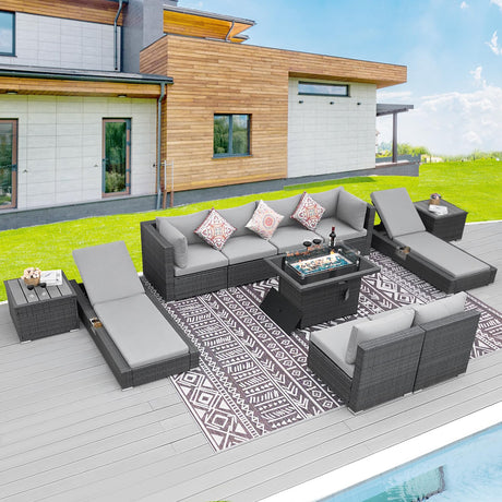 BULEXYARD 11 Piece Large High Back Outdoor Patio Furniture Sets with Firepit and Loungers, Cozy Extra Deep Wide Seating Sectional Conversation Couch Backyard Sitting Sets, Grey Wicker & Gray Cushion BULEXYARD