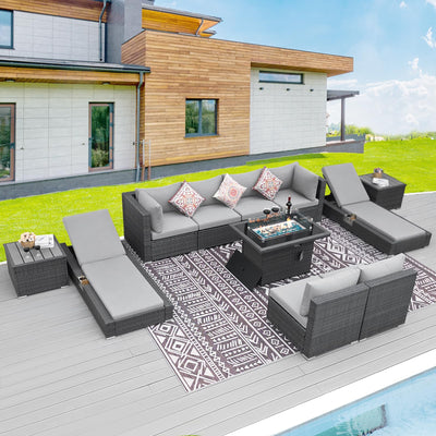 BULEXYARD 11 Piece Large High Back Outdoor Patio Furniture Sets with Firepit and Loungers, Cozy Extra Deep Wide Seating Sectional Conversation Couch Backyard Sitting Sets, Grey Wicker & Gray Cushion