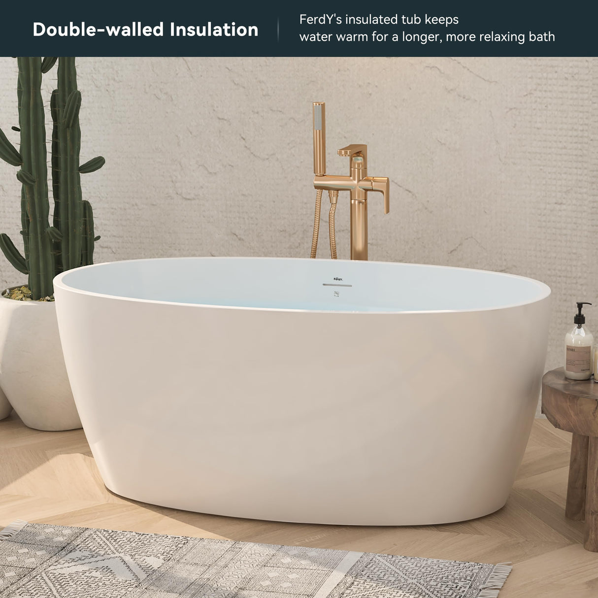 FerdY Tahiti 55" Acrylic Freestanding Bathtub, Elegant Oval Shape Soaking Bathtub, Glossy White, Brushed Nickel Drain & Integrated Slotted Overflow Assembly Included cUPC Certified FerdY