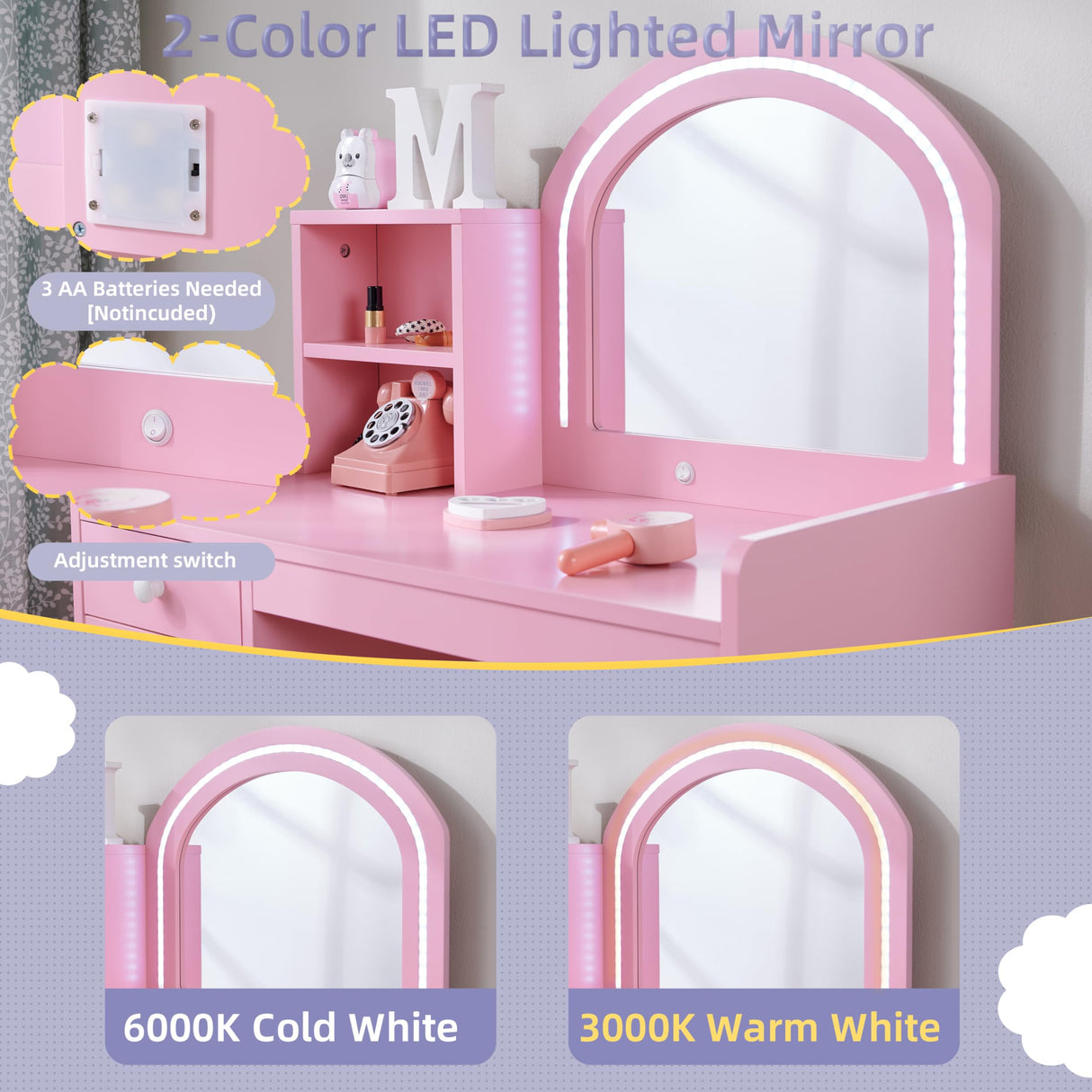 BXKX Kids Vanity with Lights, Princess Vanity Set with Drawer and Storage Shelves, 2 in 1 Toddler Makeup Vanity with Lighted Mirror, Girls Vanity Set with Stool for Little Girls (Pink) BXKX
