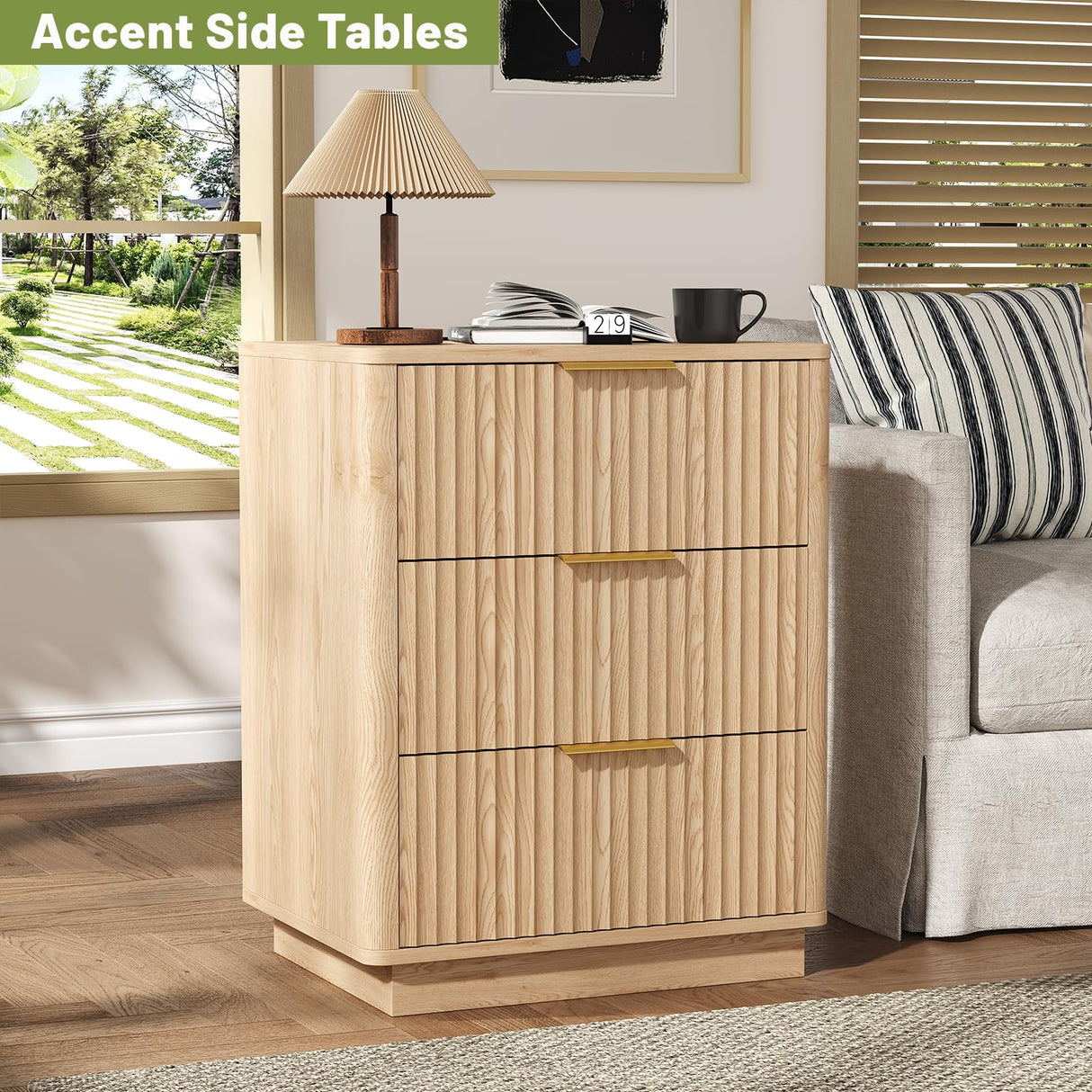 Rovaurx 21.7" Wide Fluted Nightstand with Charging Station, Mid Century Bedside Table with 3 Drawers, Oversized End Table for Bedroom, Curved Profile Design, Natural RCTG115ME Rovaurx