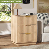 Rovaurx 21.7" Wide Fluted Nightstand with Charging Station, Mid Century Bedside Table with 3 Drawers, Oversized End Table for Bedroom, Curved Profile Design, Natural RCTG115ME Rovaurx