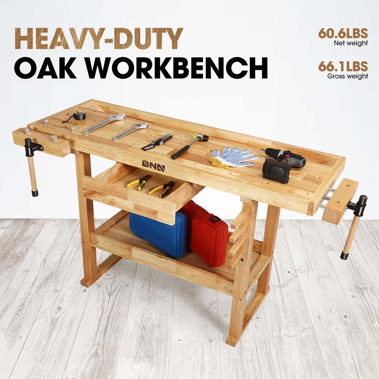 DNA MOTORING Heavy Duty Wood Workbench, Wooden Workbench with Drawer for Workshop, Garage, W/Adjustable Handle, TOOLS-00522 DNA MOTORING