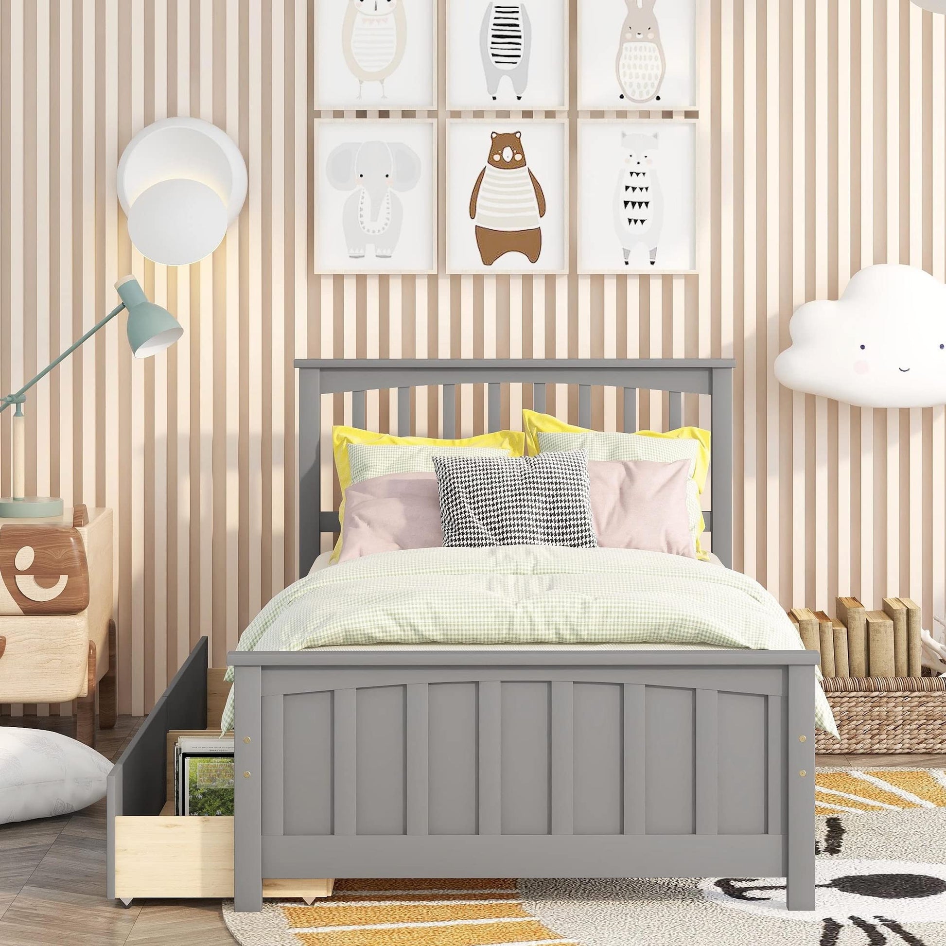 Harper & Bright Designs Light Grey Twin Bed Frame with Storage Drawers - Solid Wood Platform Bed, No Box Spring Needed - WoodArtSupply