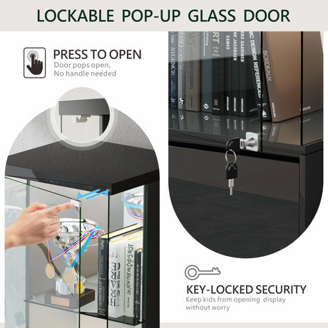 Lvifur Lockable Curio Display Cabinet with Glass Door,65" Lighted Curio Cabinet with 3 Color Lights for Collectibles,3-Tier Glass Display Case with Human Body Sensor for Living Room,Black Lvifur