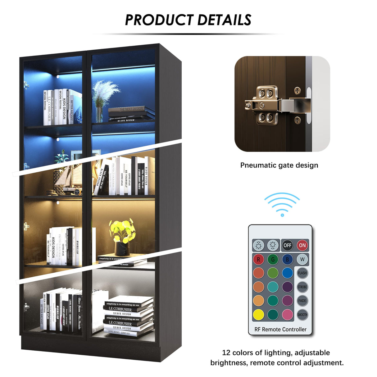 Jartoil Display Cabinet with Glass Doors & Lights, 4-Tier LED Storage Cabinet for Curio, Trophy Display, Lighted Bookcase for Home Office, Black Jartoil