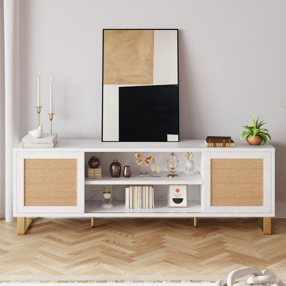 IDEALHOUSE Rattan TV Stand 66 Inch, White Entertainment Center Modern TV Console Table with Storage, Doors and Shelves, Media Cabinet Furniture for Living Room Bedroom IDEALHOUSE