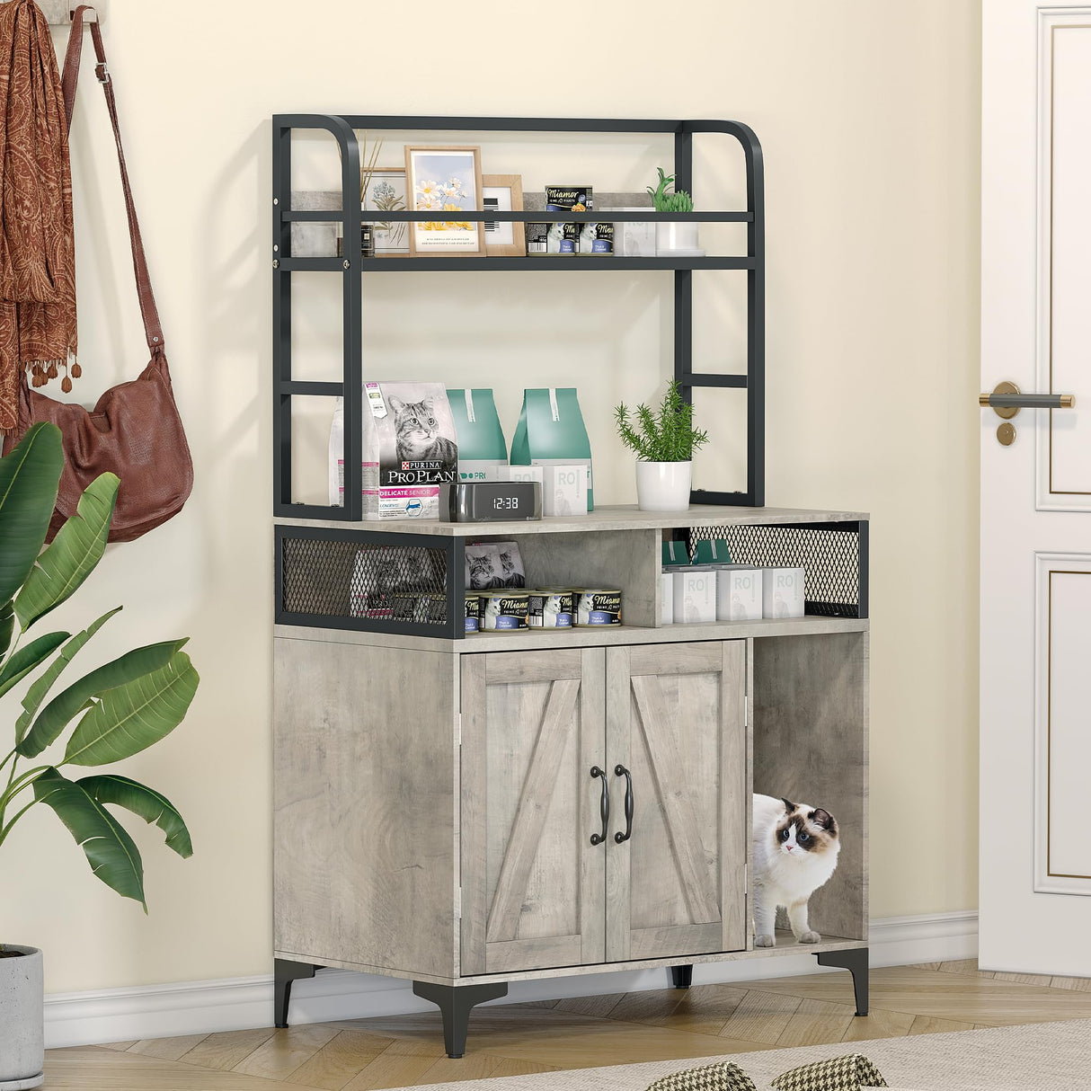 Garvee Cat Litter Box Enclosure,Hidden Litter Box Furniture with Open Shelf & Compartments, Metal Frame Indoor Cat House Furniture Cabinet for Most of Litter Box, Grey Garvee