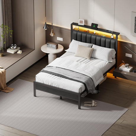 Furnulem Full Size Bed Frame with Charging Station and LED Lights, Platform Bed with Metal Slats, Grey Upholstered Headboard with 2-Tier Storage Shelves, No Box Spring Needed Furnulem