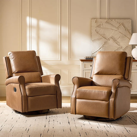 HULALA HOME Faux Leather Swivel Rocker Recliners Set of 2 with Adjustable Backrest and Footrest, Push Back Recliner Chairs with Nailhead Trim, Swivel Glider Rocking Chairs for Living Room, Camel HULALA HOME