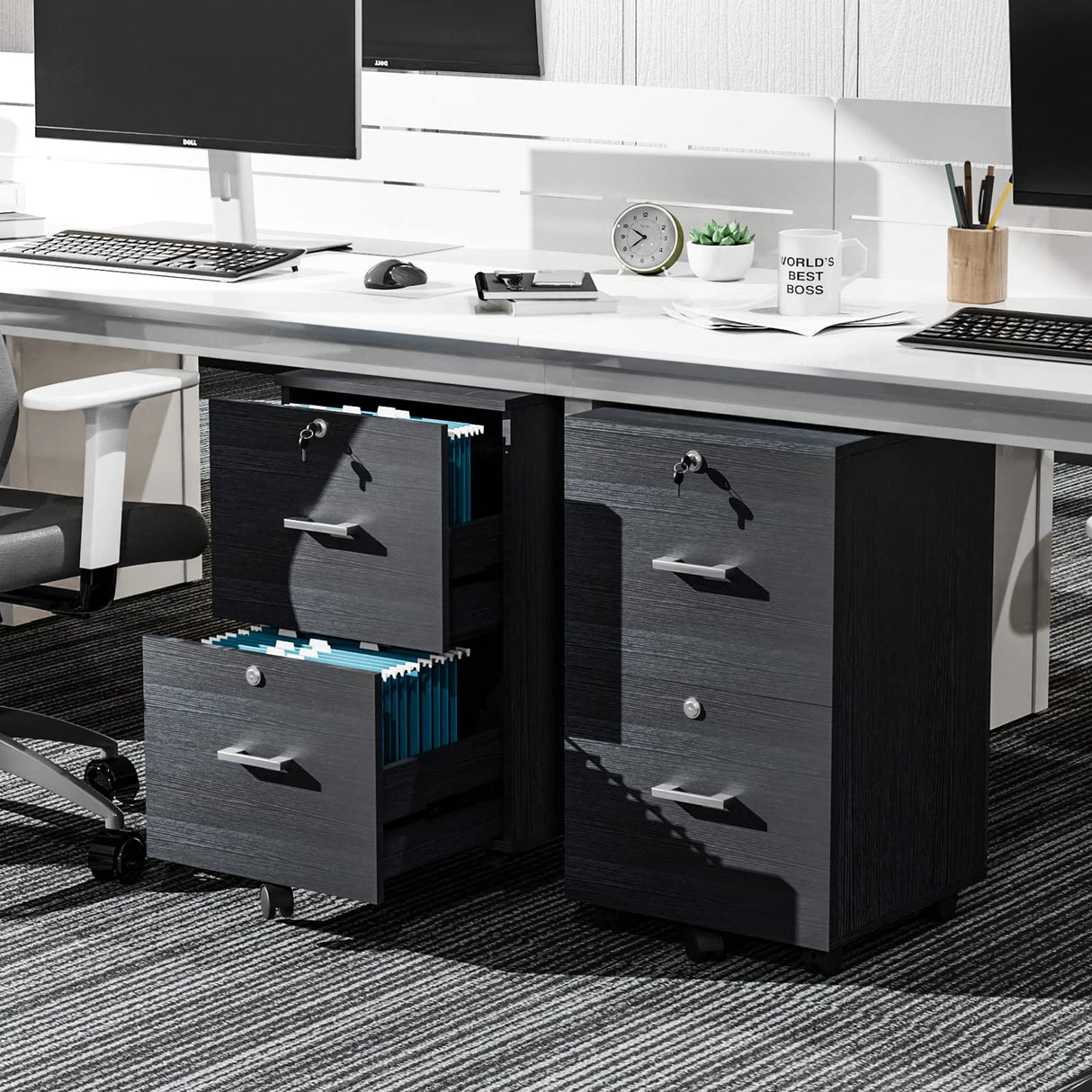 VINGLI 2-Drawer Small Rolling File Cabinet with Lock, Wood Filing Cabinet for Hanging Letter Size Filings with Tabs, Mobile Under Desk File Cabinet for Home Office, Classic Black, 27.2" H VINGLI