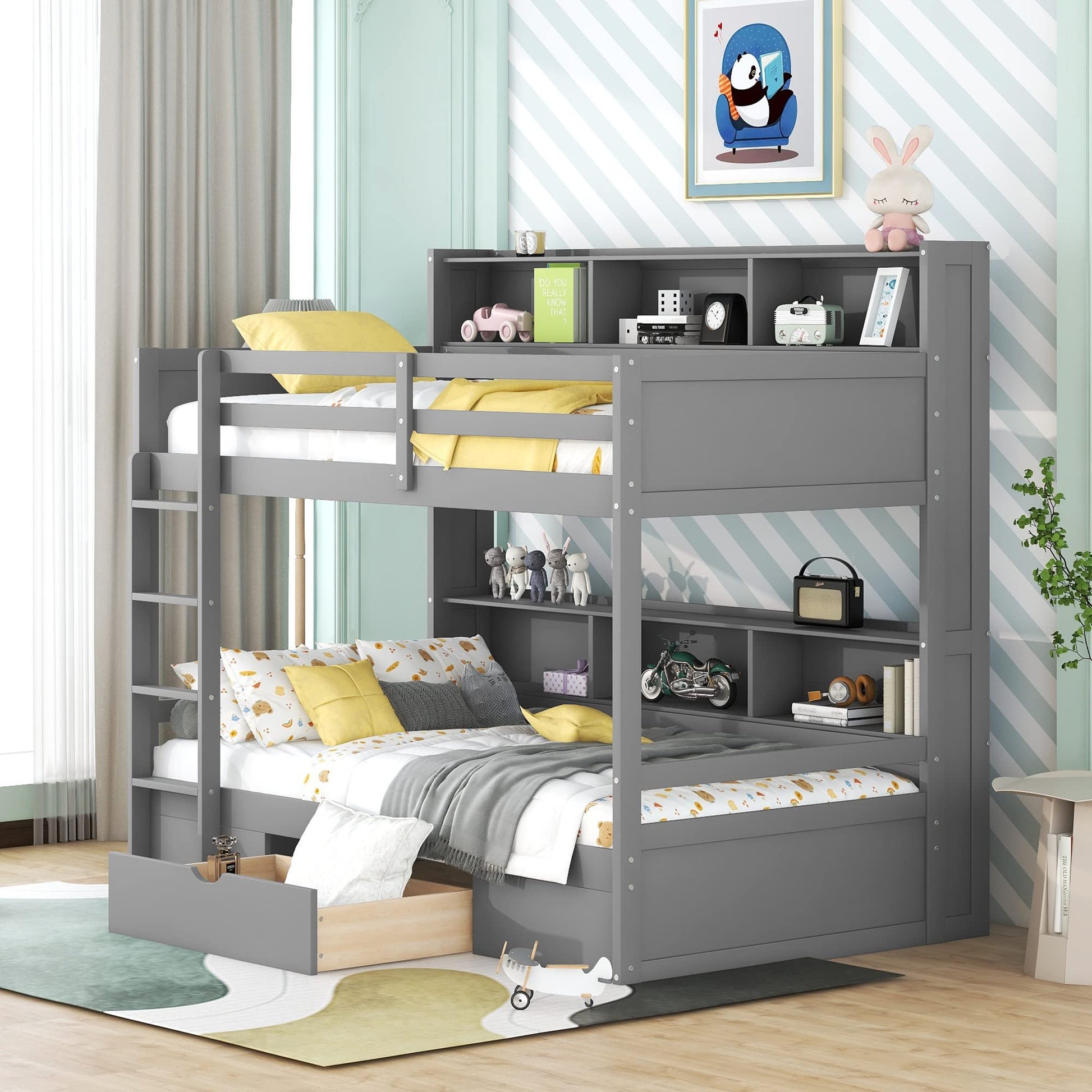 Harper & Bright Designs Twin Over Twin Bunk Bed with Storage and Shelves in Grey - WoodArtSupply