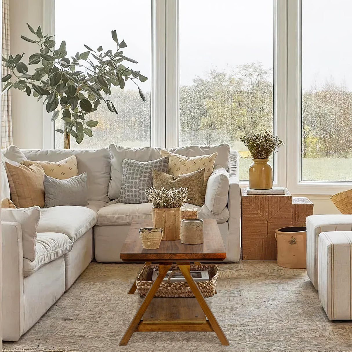 iVilla Farmhouse Coffee Table for Living Room, 2-Tier Solid Wood Coffee Table, Rustic Rectangular Coffee Table with Storage Open Shelf, Natural iVilla