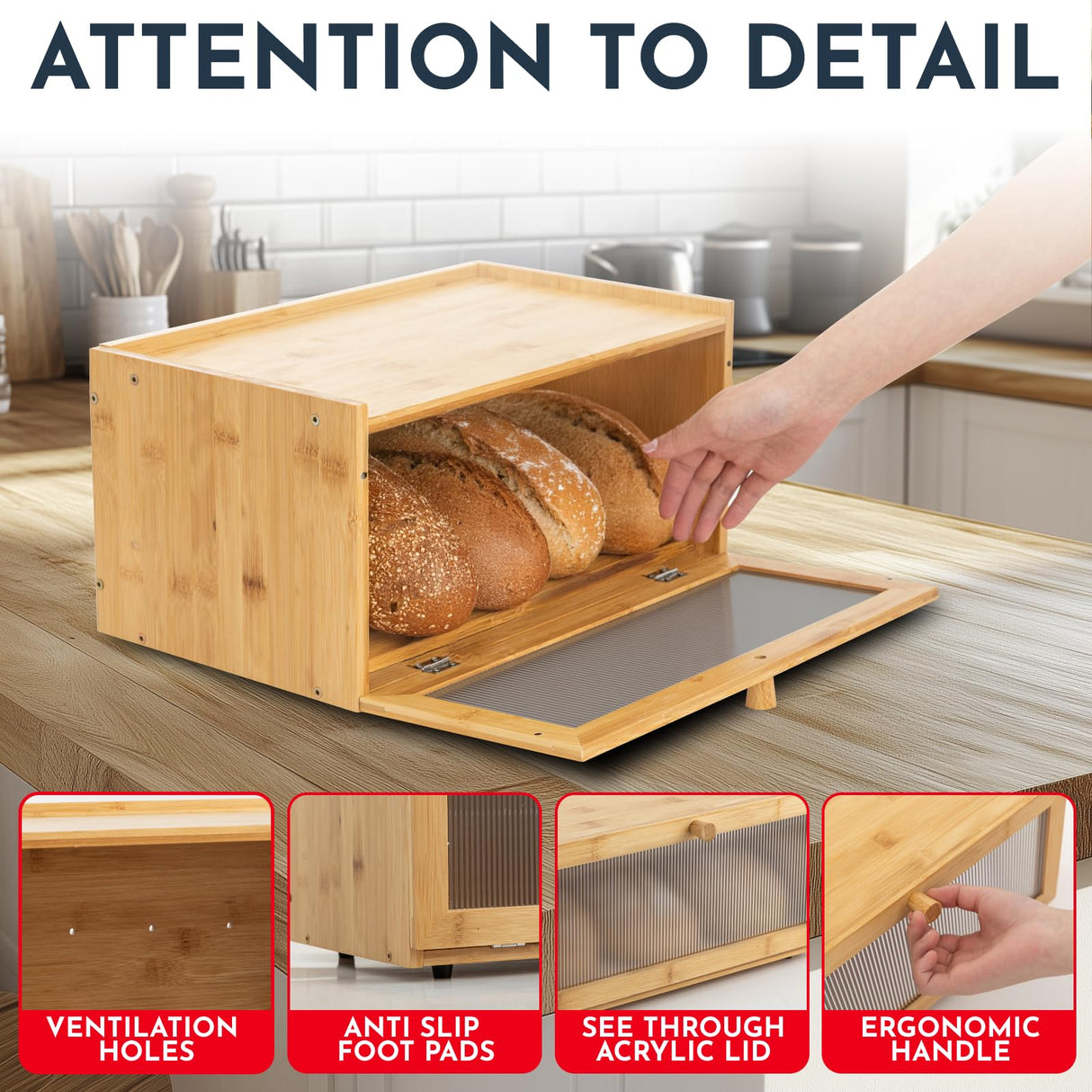 Culinary Couture Bamboo Bread Box for Kitchen Countertop - Large Capacity Storage BreadBox for Homemade Bread with Acrylic Window and Extra Top Storage Culinary Couture