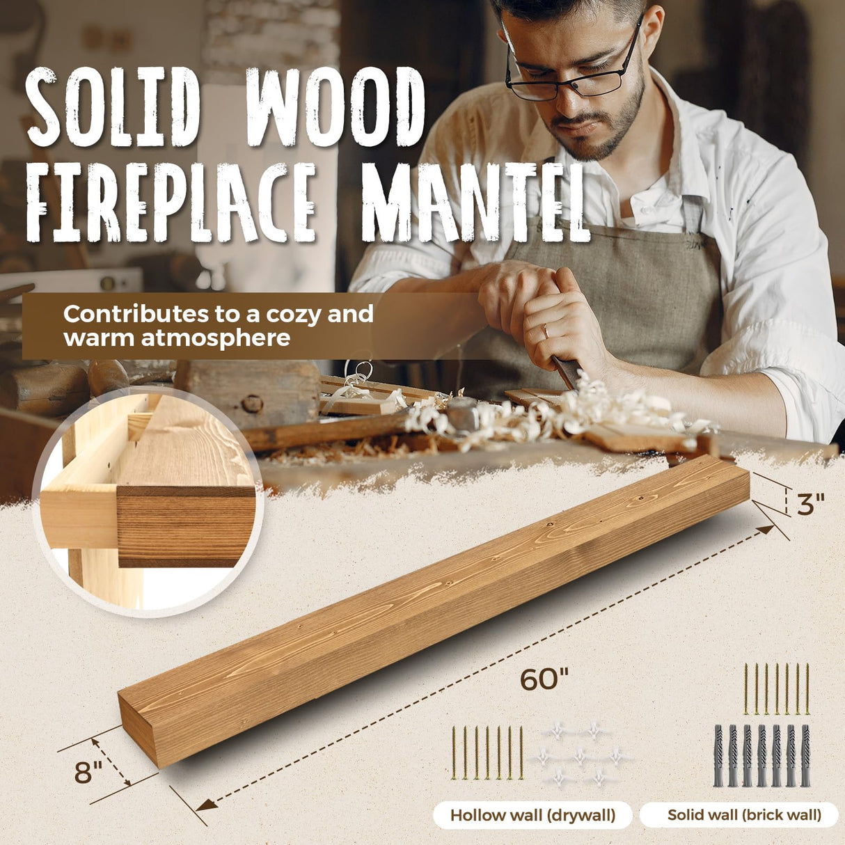 ABSWHLM 60x8x3 Fireplace Mantel - Handcrafted Hollow Rustic Solid Wood Wall Mounted Floating Shelf with Invisible Heavy Duty Wood Bracket (Natural Wood) ABSWHLM