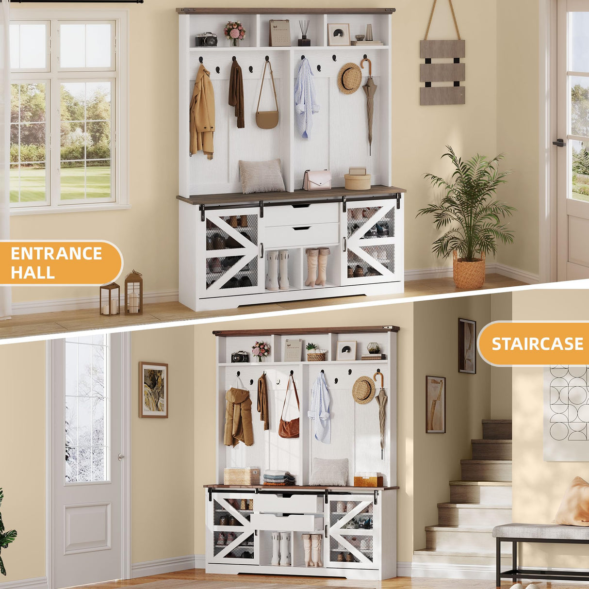 DWVO 59" Wide Hall Tree with Bench and Storage for Hallway Entryway, Coat Rack with Adjustable LED Light, Sliding Barn Doors, 10 Shoe Cubbies & 10 Coat Hooks for Bedchamber Living Room (Rustic White) DWVO