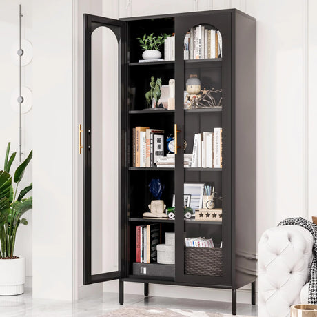 YILFANA 71" Tall Glass Display Case, Curio Cabinet with Adjustable Shelves, Metal Bookcase for Kitchen Pantry, Office, Bathroom - Black YILFANA