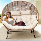 BULEXYARD Double Egg Chair Indoor Outdoor 680lbs, 2 Person Brown Wicker Oversized Stationary Egg Chair with Beige Thick Cushion, Patio Wide Lounge Loveseat with Legs for Balcony, Porch BULEXYARD