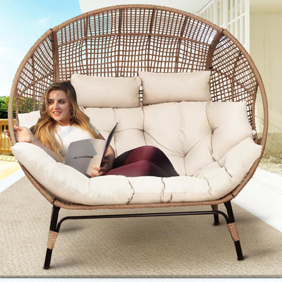 BULEXYARD Double Egg Chair Indoor Outdoor 680lbs, 2 Person Brown Wicker Oversized Stationary Egg Chair with Beige Thick Cushion, Patio Wide Lounge Loveseat with Legs for Balcony, Porch